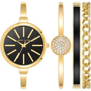 Women's Brass Bangle Watch and Bracelet Set Gold Black Crystal Enamel Jewelry